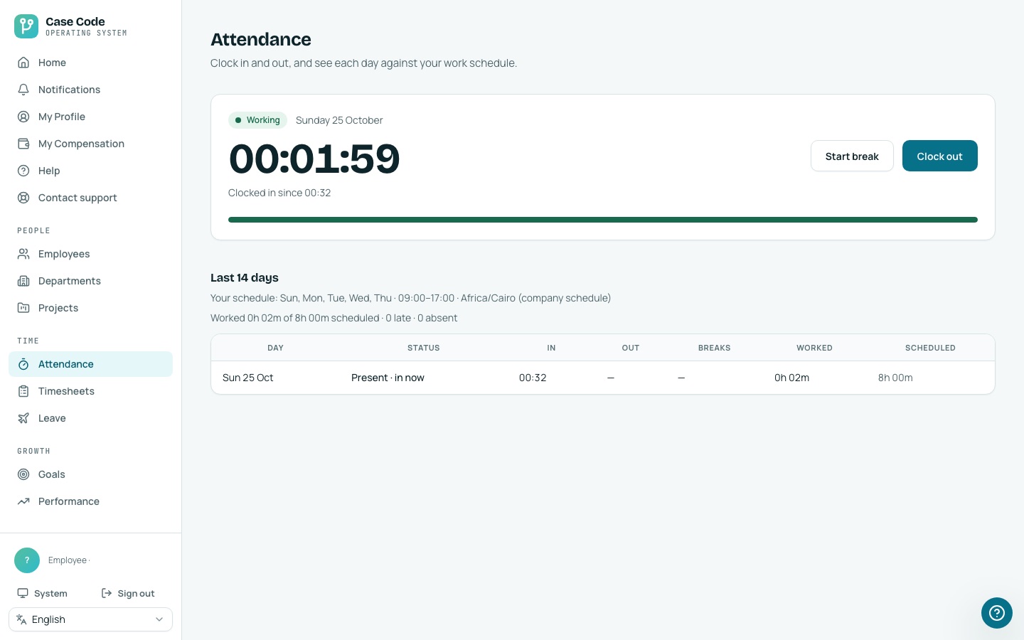 Case Code OS desktop Attendance screen: clock in and out against the work schedule.