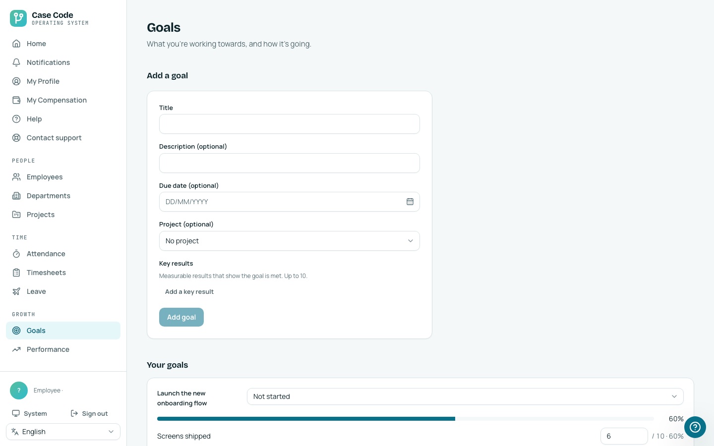 Case Code OS desktop Goals screen: key results with live progress.