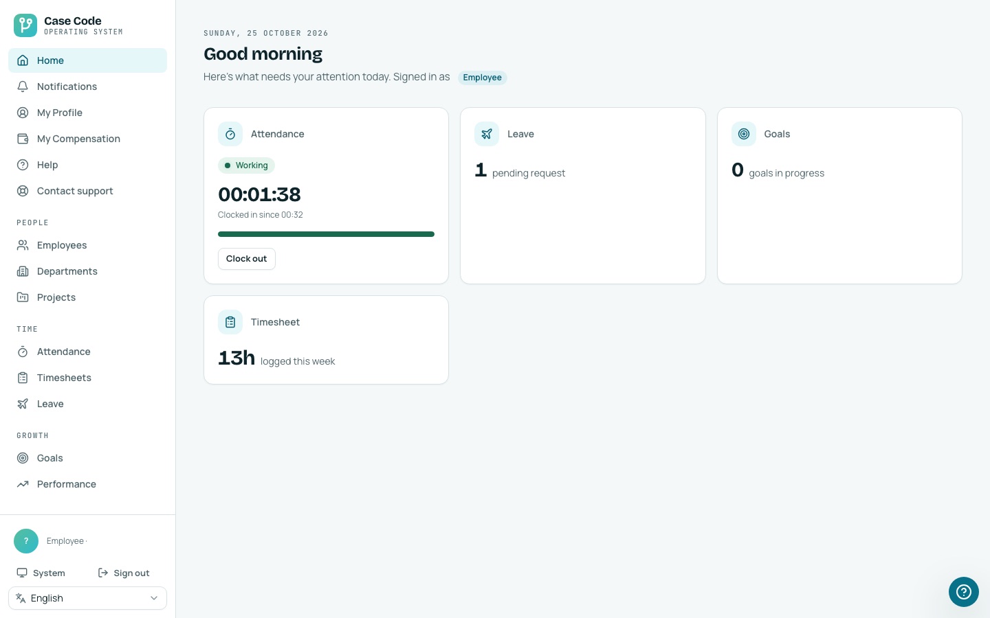 Case Code OS desktop home as an employee: attendance clock, pending leave, goals and timesheet hours.