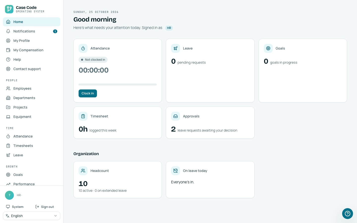 Case Code OS desktop home with a sidebar menu and cards for attendance, leave, approvals and headcount.