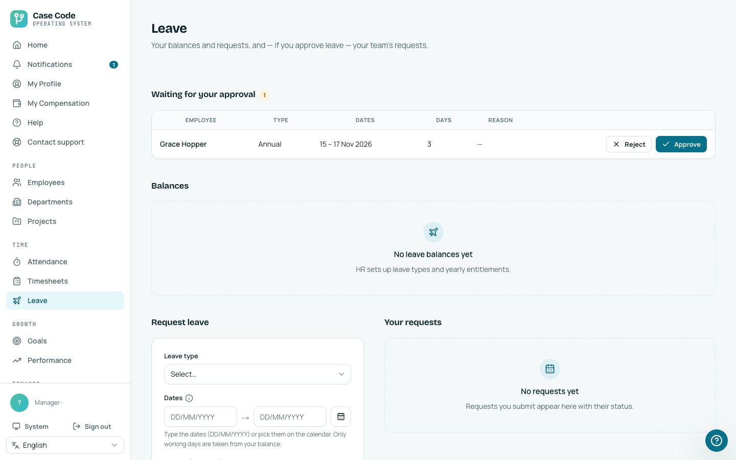 Case Code OS desktop Leave screen with a request waiting for approval and a leave request form.