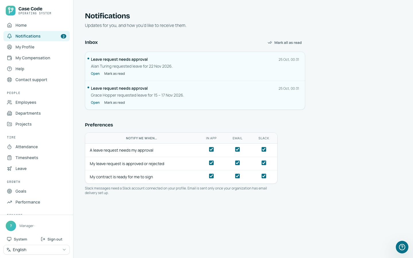 Case Code OS desktop Notifications screen: in-app updates and delivery preferences.