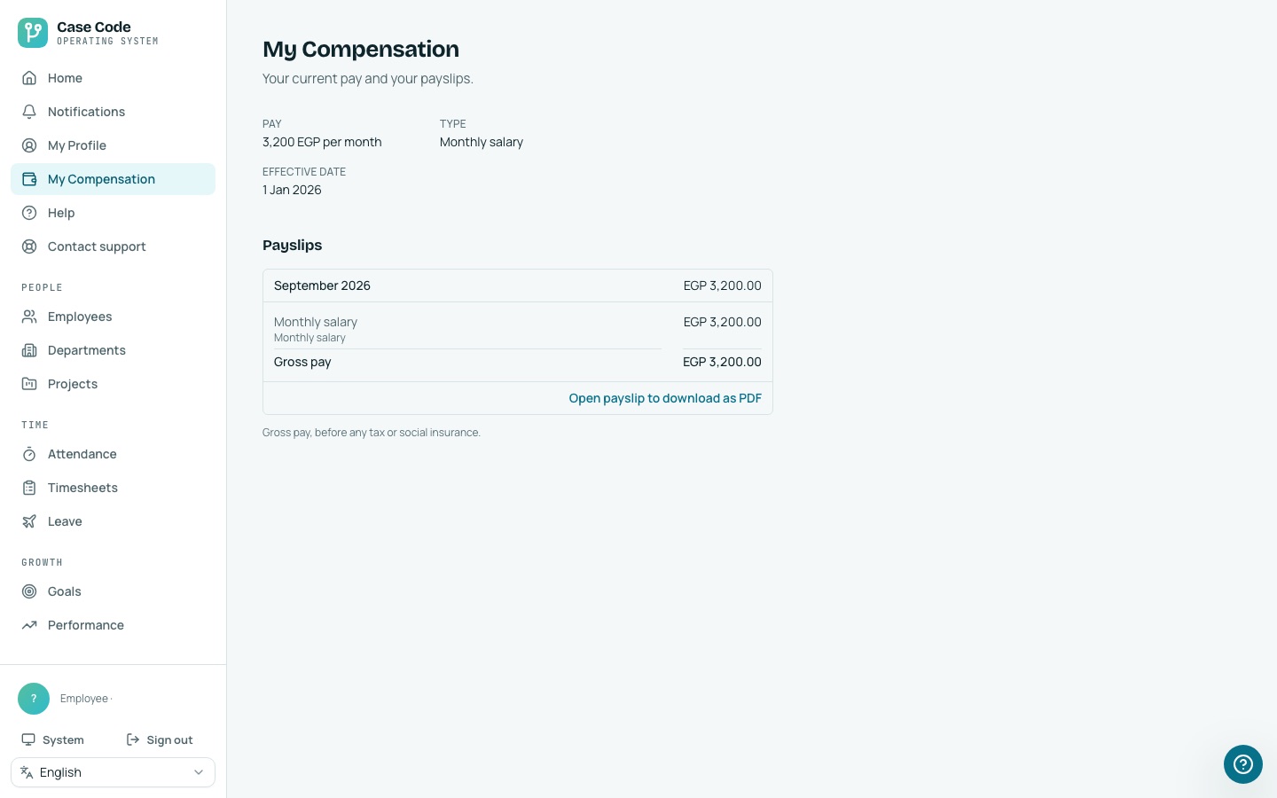 Case Code OS desktop My Compensation screen: current pay and a payslip with gross pay for the approved run.