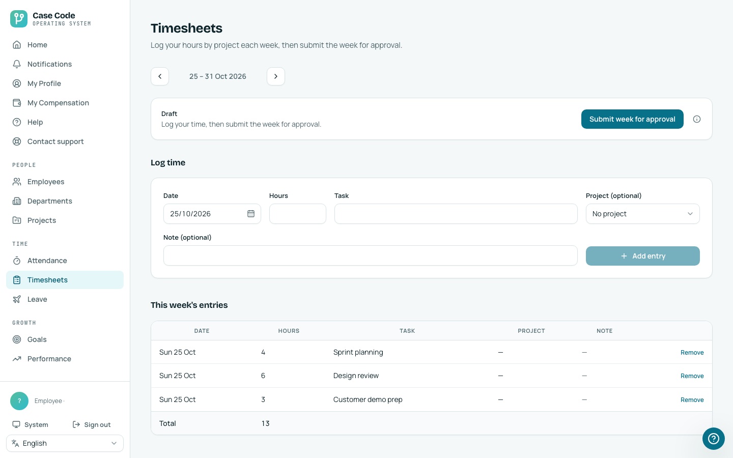 Case Code OS desktop Timesheets screen: log hours, then submit the week for approval.