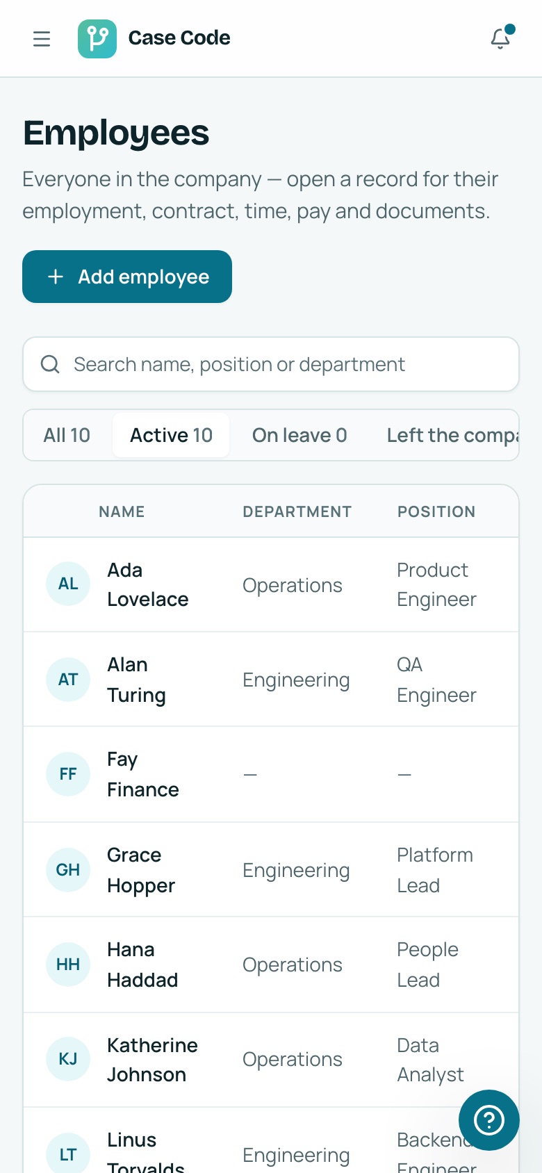 Case Code OS Employees screen with a searchable list of people, departments and positions.