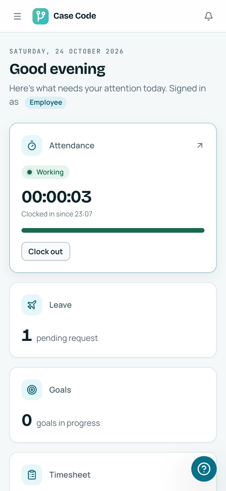 Case Code OS home screen with attendance clock-in, pending leave and goals cards.