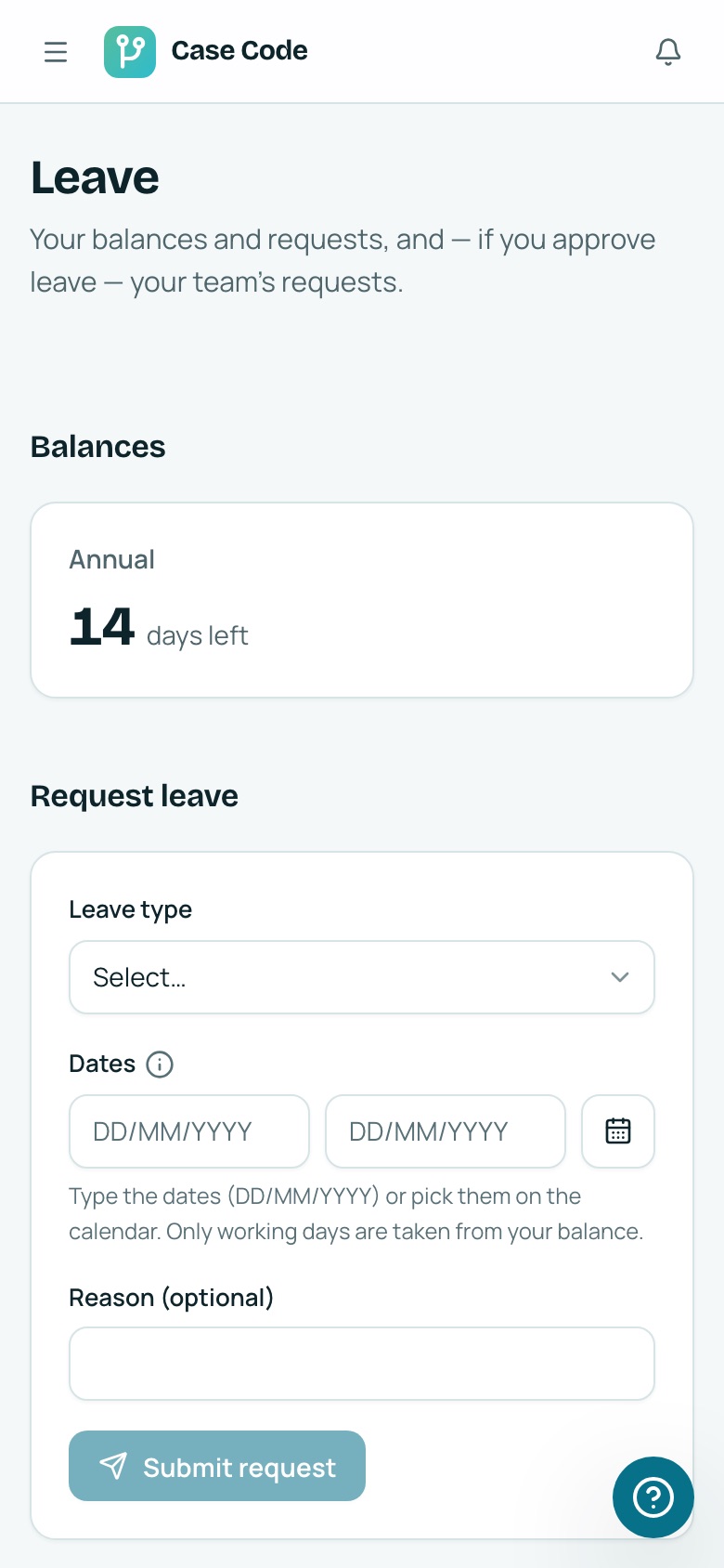 Case Code OS Leave screen showing an annual balance of 14 days and a request form.