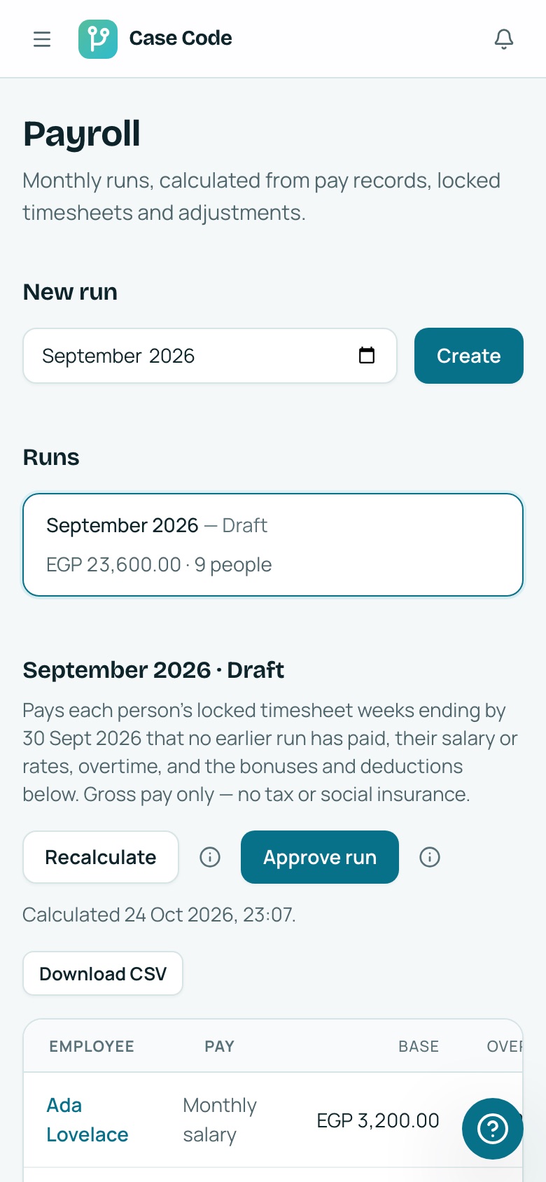 Case Code OS Payroll screen with a draft monthly run and a per-employee pay table.
