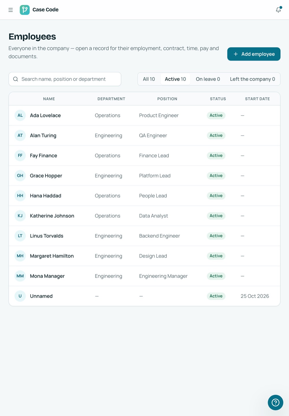 Case Code OS tablet Employees screen: the whole company in one searchable list.