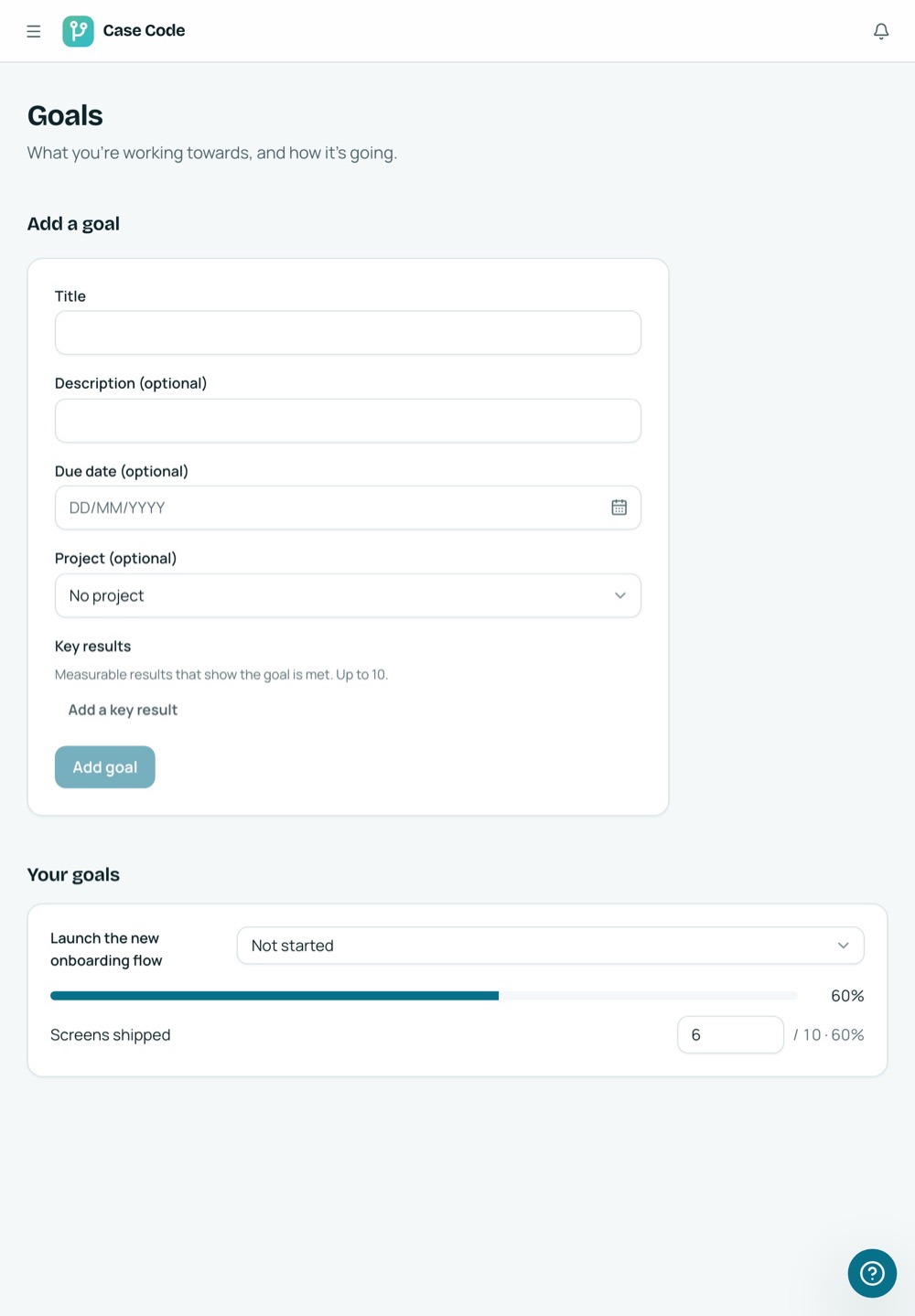 Case Code OS tablet Goals screen: key results with live progress.