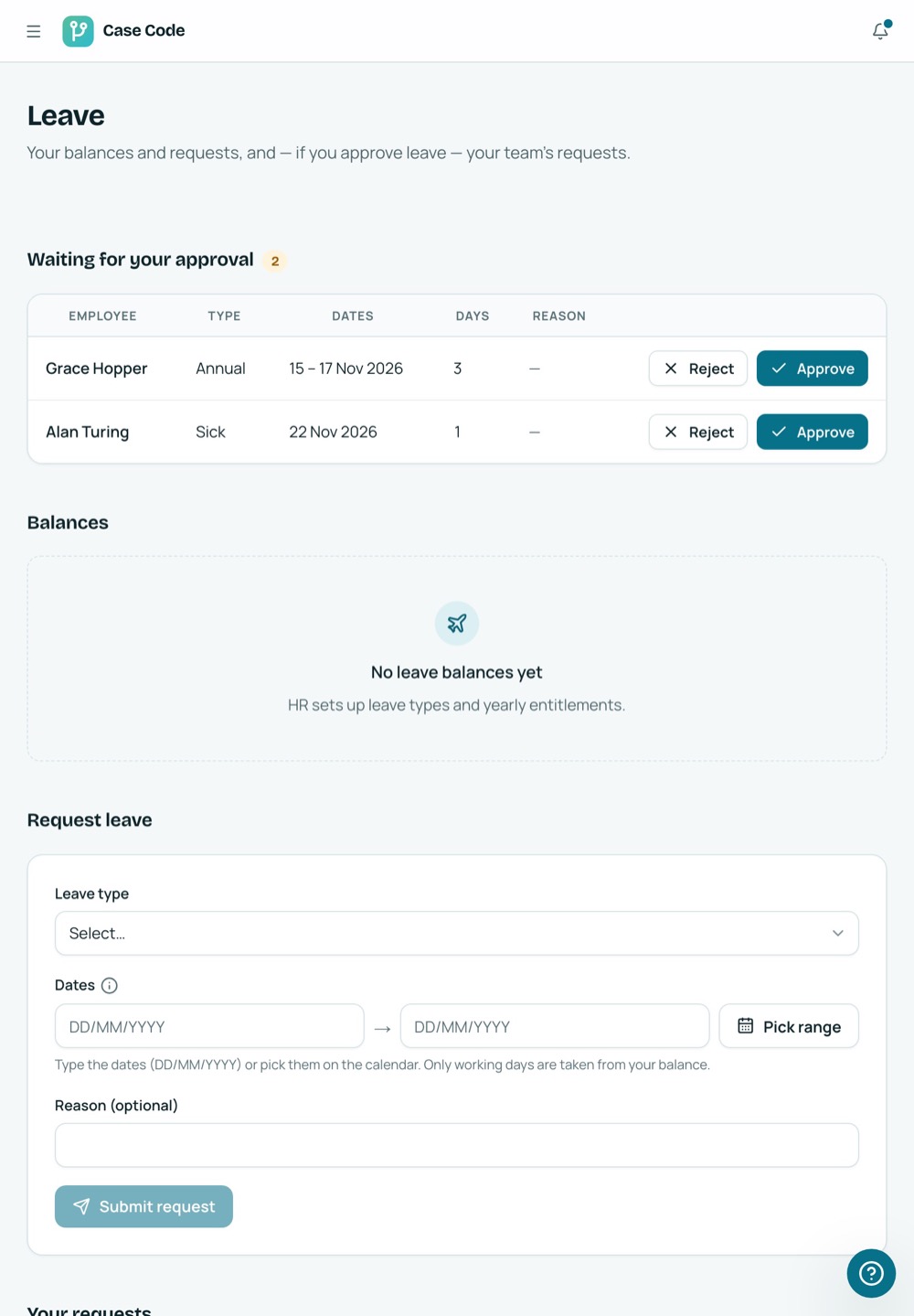 Case Code OS tablet Leave screen: approvals waiting for the manager, with Approve and Reject buttons.