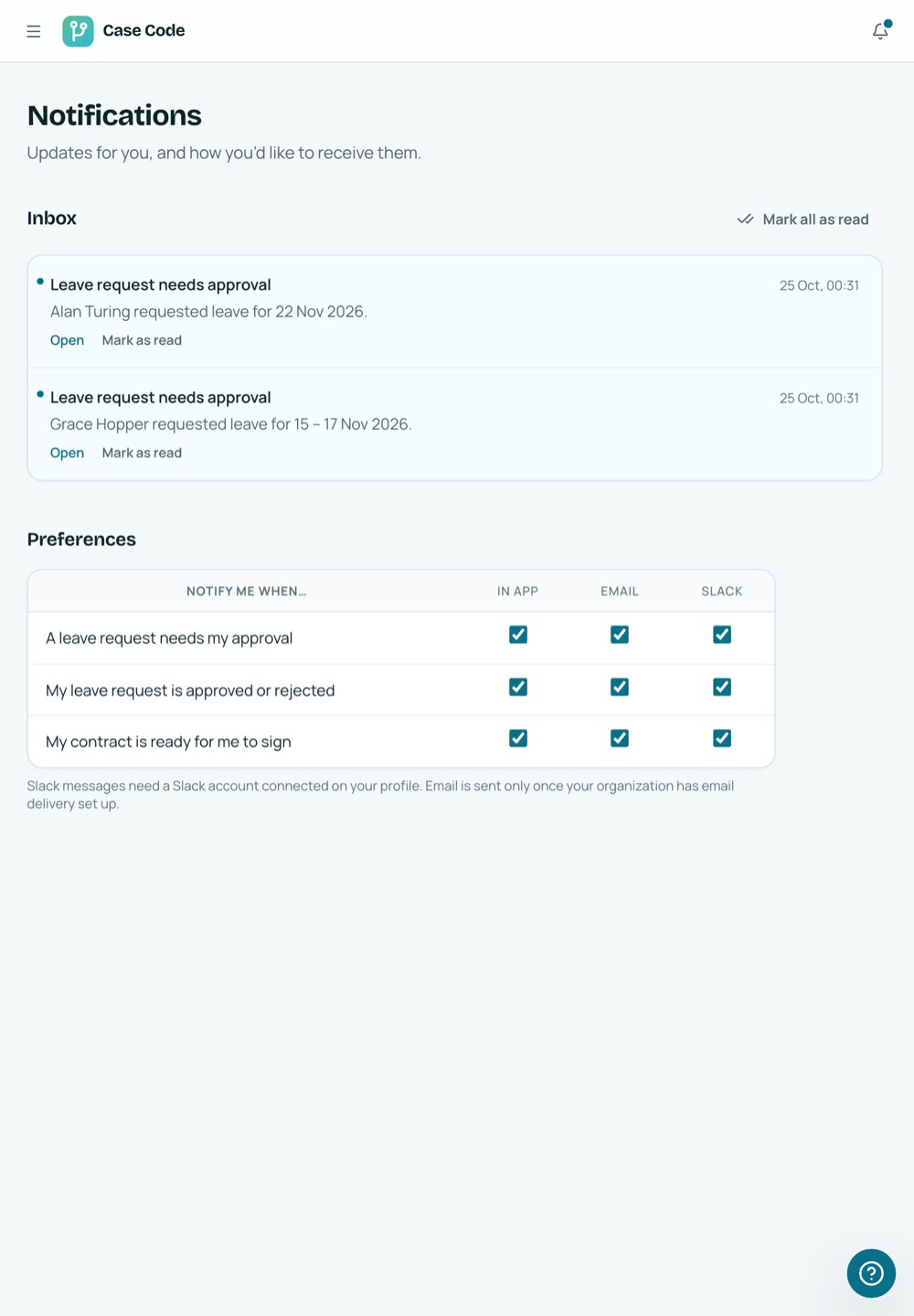 Case Code OS tablet Notifications screen: in-app updates and delivery preferences for in-app, email and Slack.