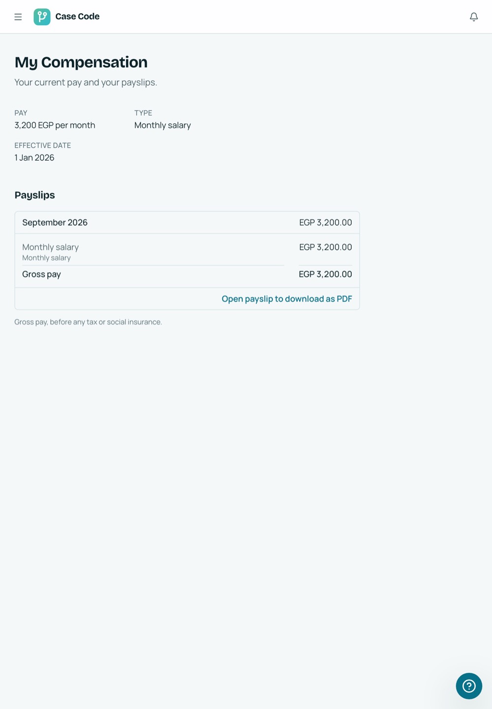 Case Code OS tablet Payslips screen: gross pay for each approved run, with a PDF download link.