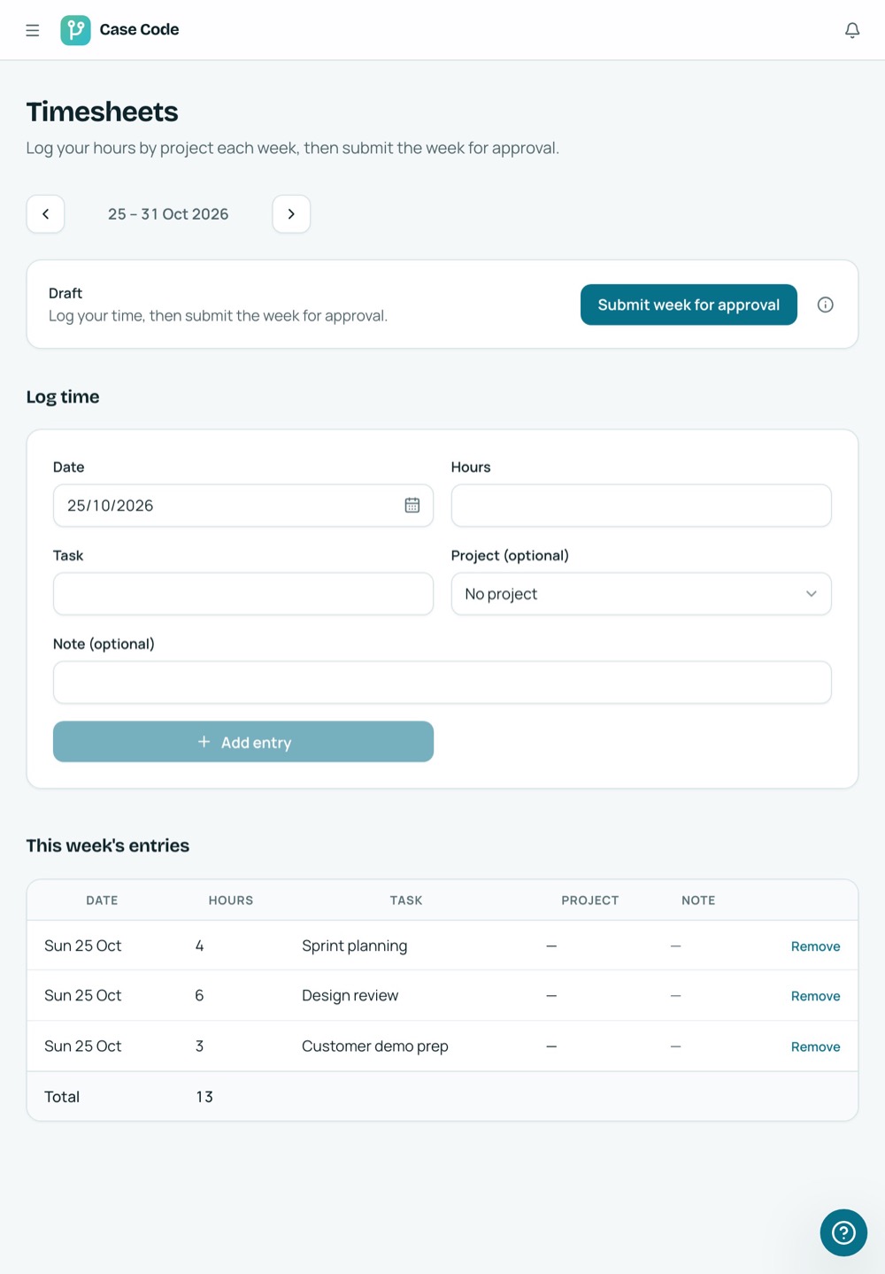 Case Code OS tablet Timesheets screen: log hours by task, then submit the week for approval.