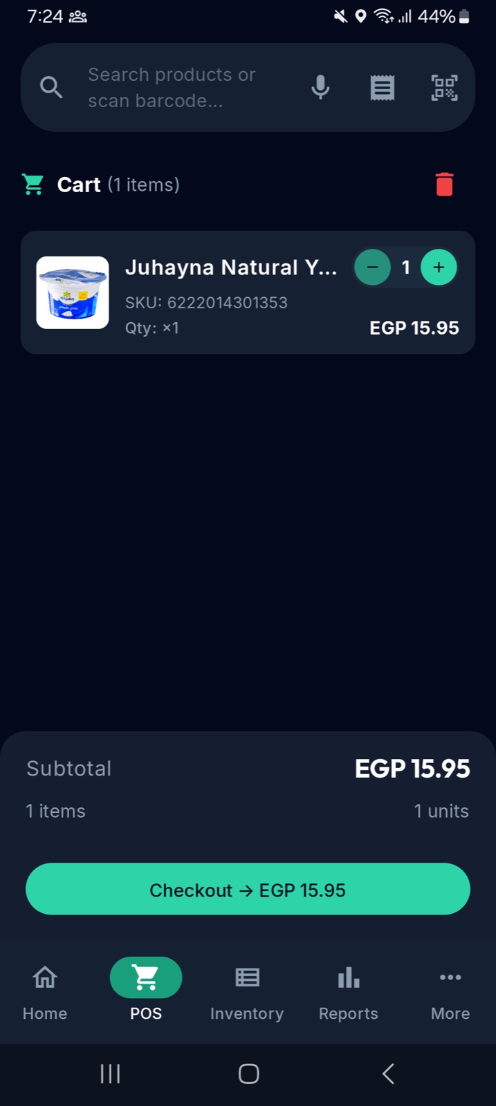 StoreFlow point-of-sale screen with an item in the cart and a checkout button
