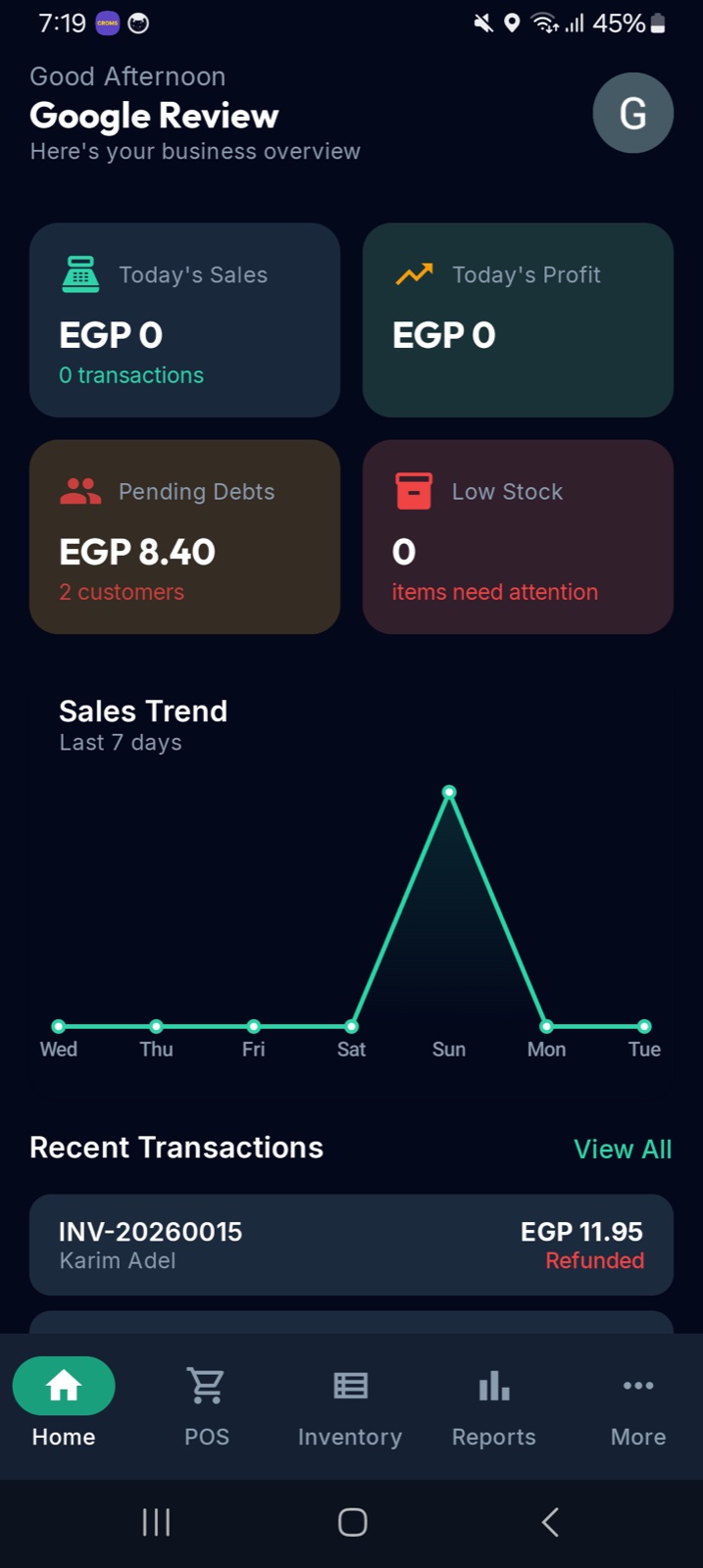 StoreFlow Home Dashboard showing today's sales, profit, pending debts, low stock and a 7-day sales trend