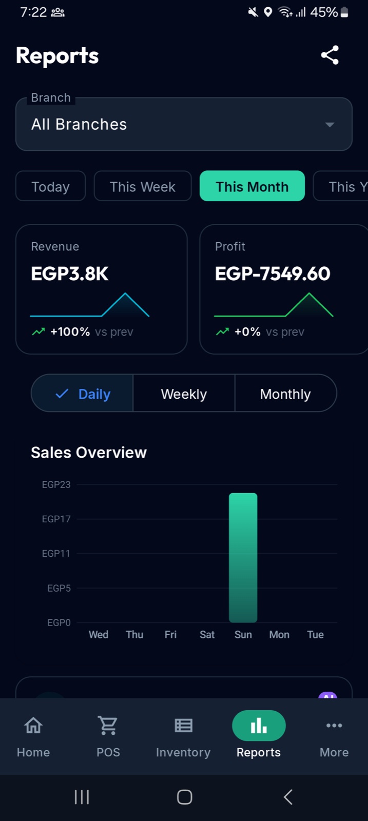 StoreFlow Reports screen with revenue and profit trends and a daily sales chart
